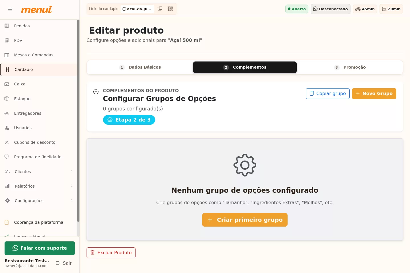 Tela de complementos do produto no Menui