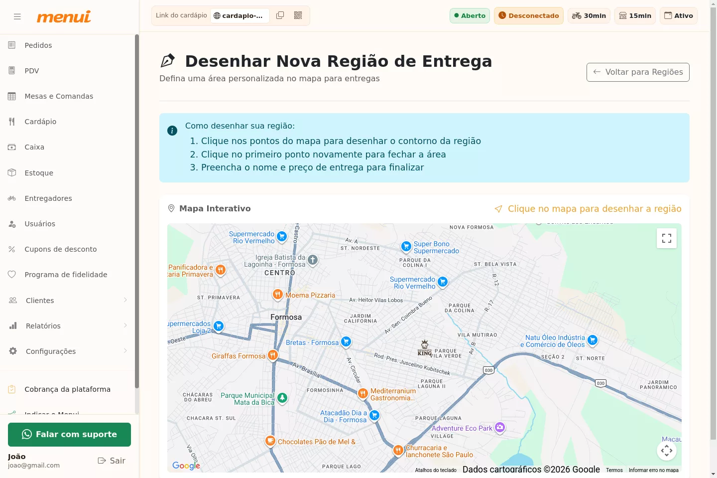 Desenho de região de entrega no mapa no Menui