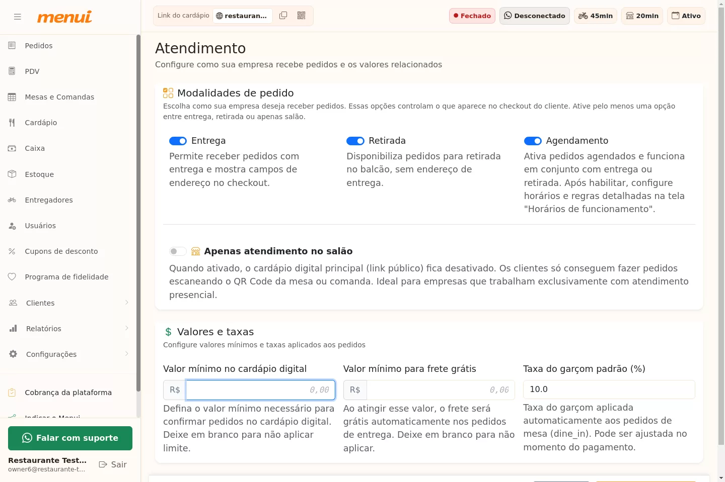 Tela Atendimento no Menui