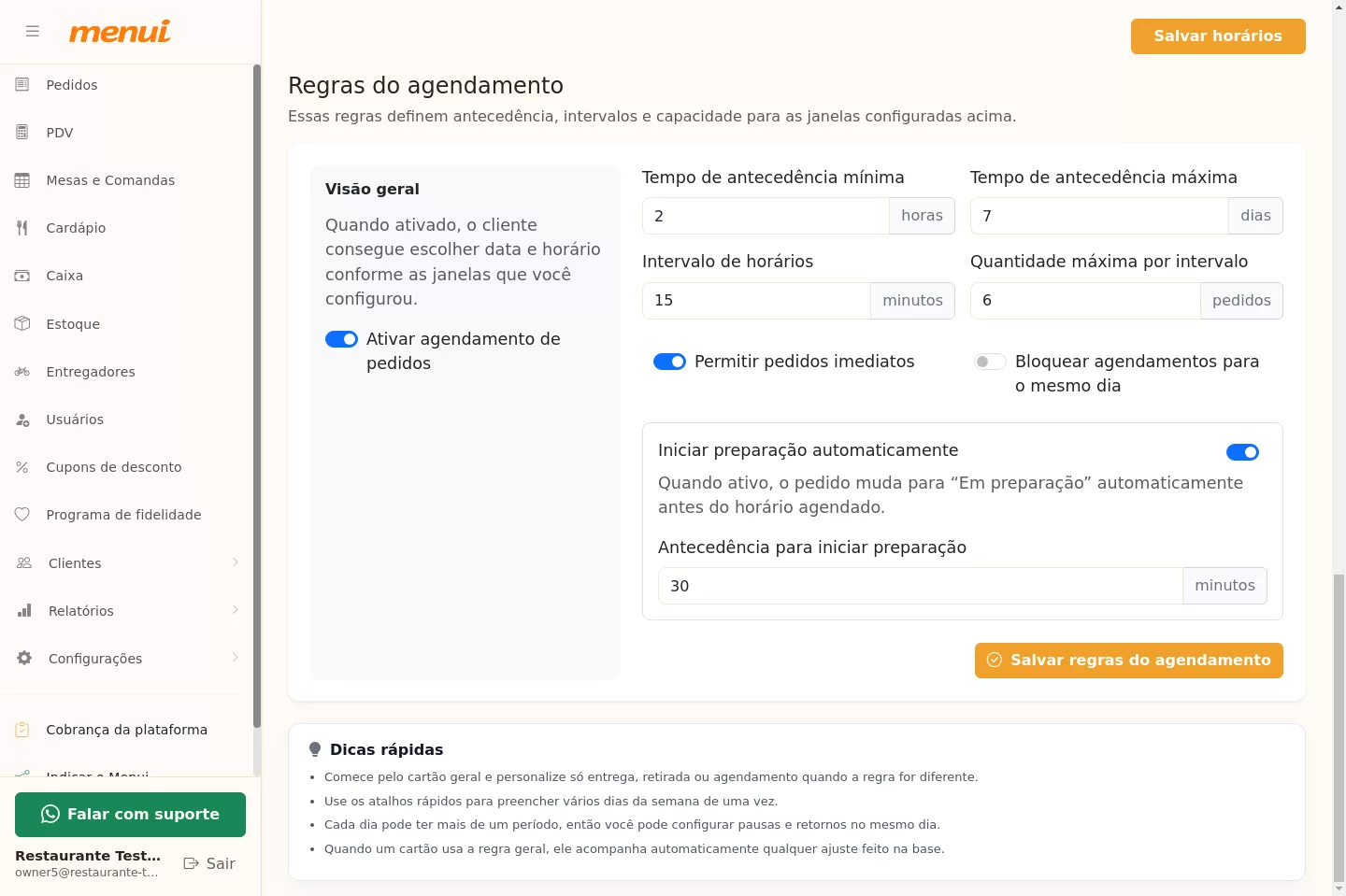 Regras do agendamento no Menui