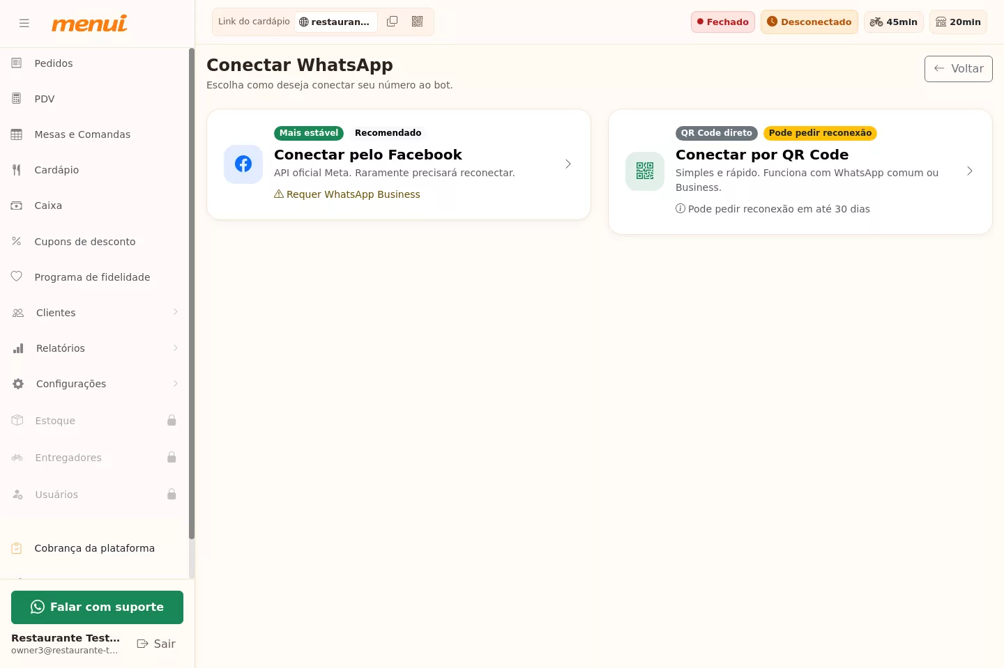 Escolha do método de conexão do WhatsApp no Menui